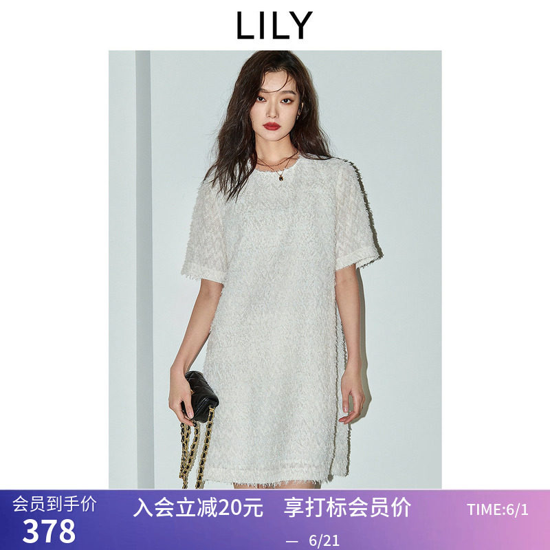 LILY2026夏新款女装简约肌理感气质通勤圆领白色短袖连衣裙小个子