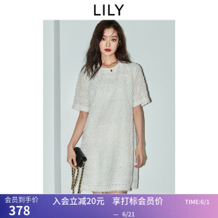 LILY2026夏新款女装简约肌理感气质通勤圆领白色短袖连衣裙小个子