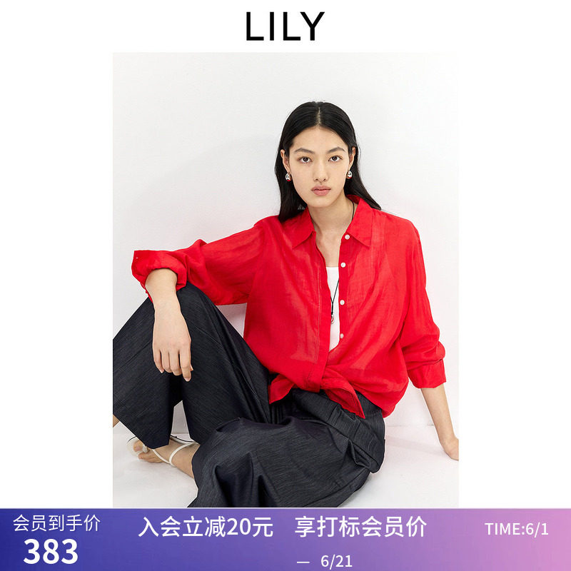 100%苎麻LILY2026夏新款女装翻领宽松休闲通勤大红色薄款衬衫外套