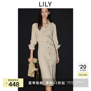 LILY2025春简约通勤宽松休闲收腰显瘦衬衫 裙卡其色连衣裙长裙女