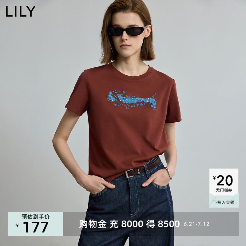 LILY2025夏新款女装全棉简约线条腊肠犬亮片休闲正肩通勤短袖T恤