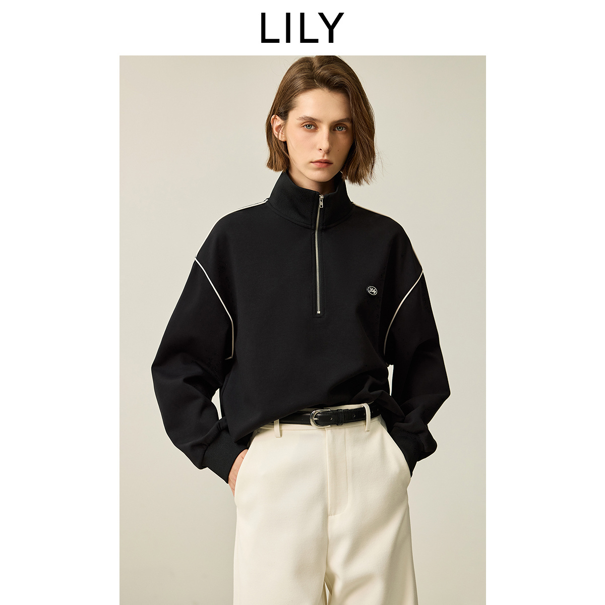 【来了就好】LILY2025冬新款拉链POLO立领落肩休闲百搭长袖卫衣