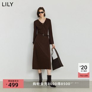 LILY2025秋新款天丝混纺复古气质休闲通勤薄款咖啡色长袖连衣裙女