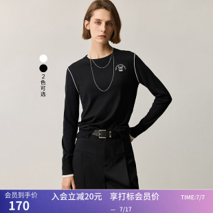 LILY秋新款女装蝴蝶结刺绣含绵羊毛圆领套头针织衫女长袖毛衣