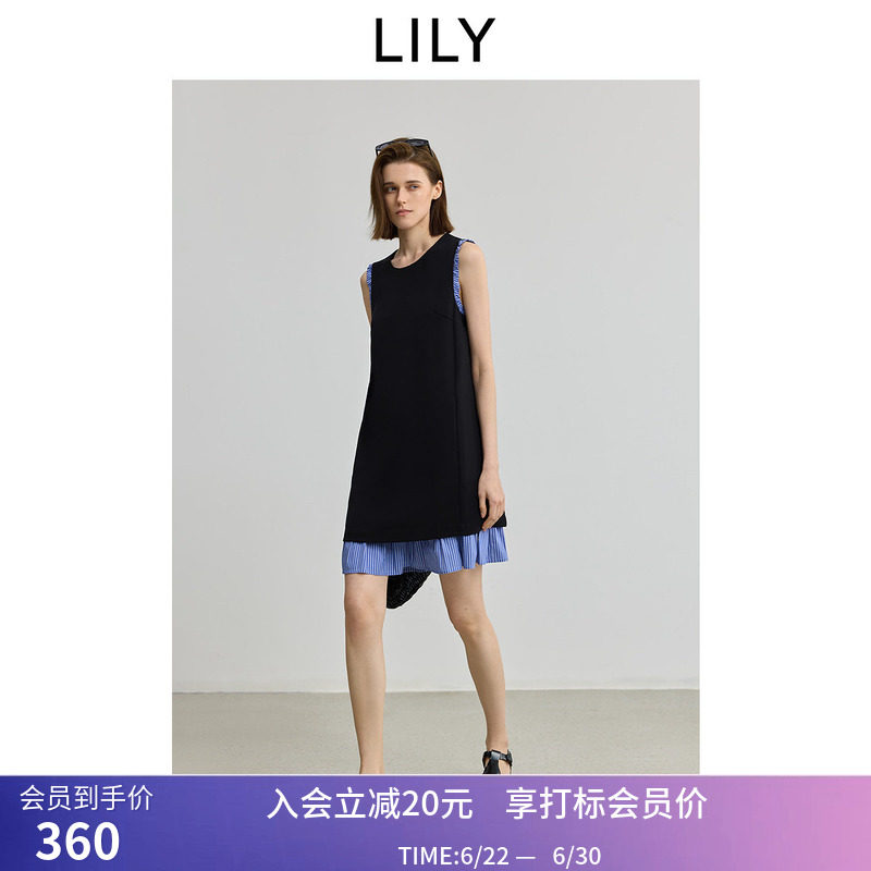 LILY秋新款女装复古设计感条纹拼接无袖圆领A字裙背心连衣裙