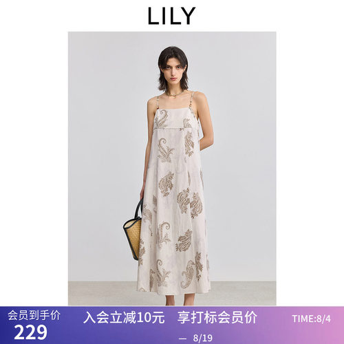 【商场同款】LILY夏新款女装莱赛尔亚麻印花一字领吊带连衣裙