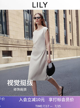 LILY2026夏新款复古小飞袖坎肩修身收腰气质通勤纯色连衣裙女长裙