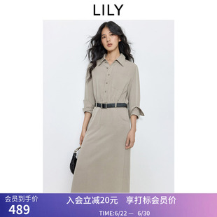 LILY秋新款女装莱赛尔混纺工装翻领收腰浅色衬衫裙过膝连衣裙