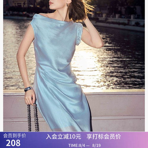 LILY夏季新品醋酸莫代尔微光不对称斜肩设计收腰显瘦连衣裙