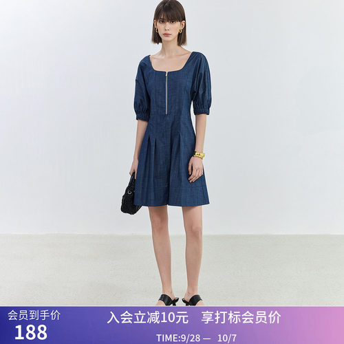 【商场同款】LILY夏新款女装气质复古方领连衣裙中长款小个子