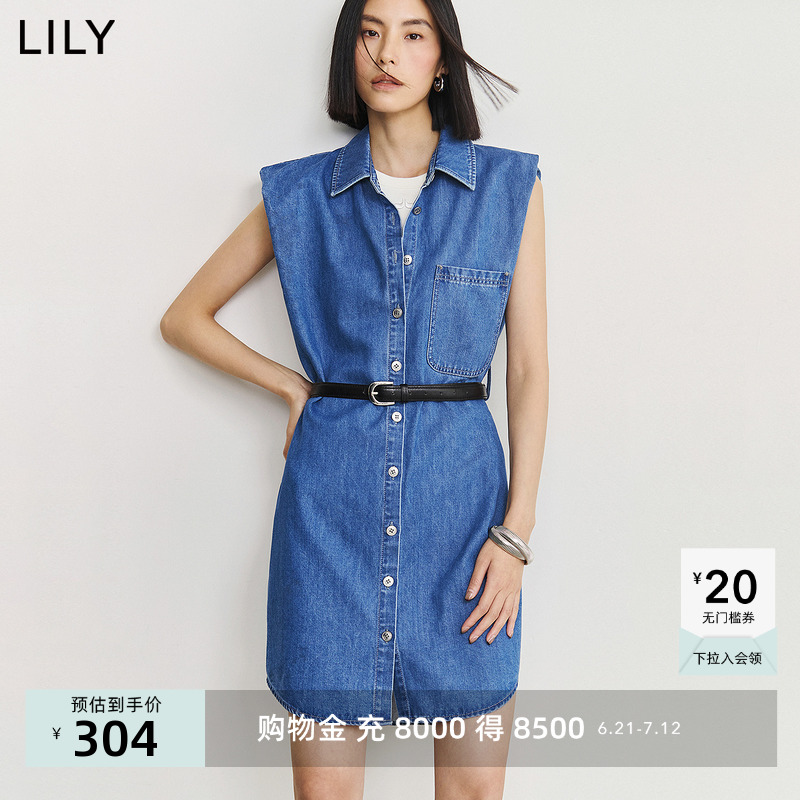 【商场同款】LILY2024夏新款女装含天丝复古腰带款牛仔衬衫连衣裙