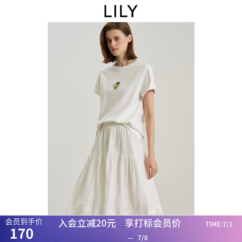 LILY2026夏新款全棉简约猫咪印花图案休闲通勤圆领短袖T恤女上衣
