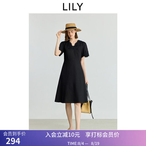 LILY秋新款棉麻法式复古镂空蕾丝钩花V领泡泡袖休闲连衣裙女