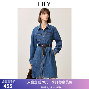【商场同款】LILY春新款女装经典收腰休闲牛仔裙长袖连衣裙女