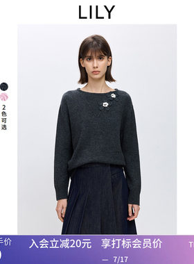LILY2026春新款女装一字领撞色立体花朵宽松套头针织衫毛衣