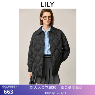 LILY2025冬新款女装经典菱格纹衬衫领90鸭绒黑色羽绒服外套中长款