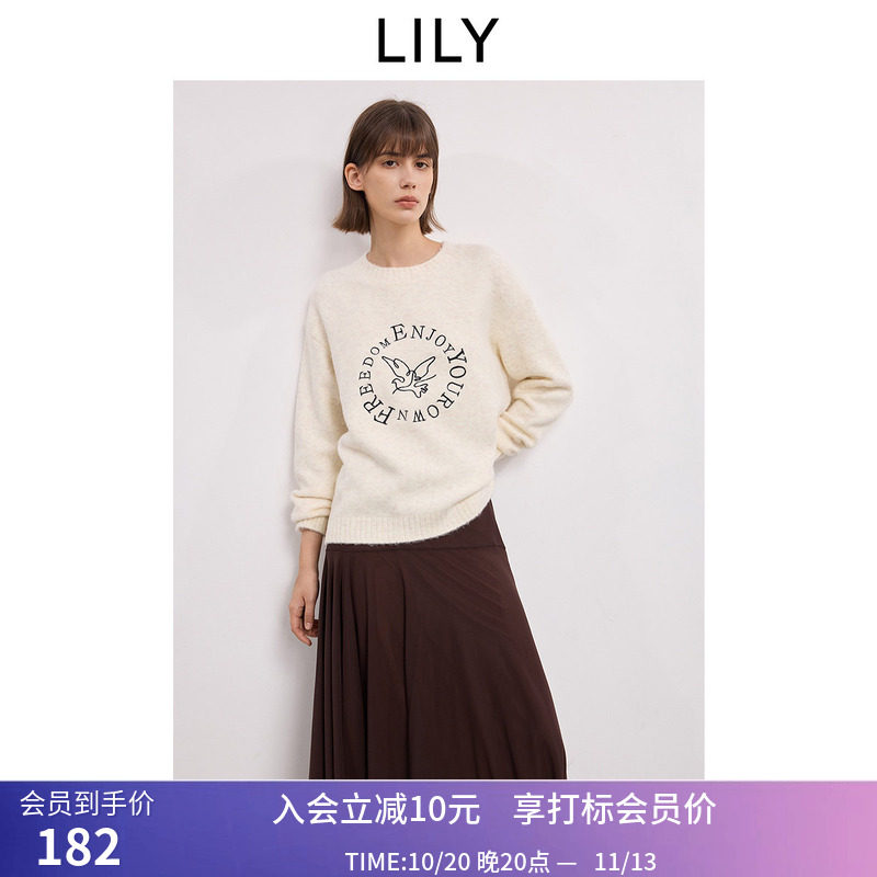LILY冬新款女装艺术感撞色小鸟绣花软糯圆领米白色针织衫毛衣