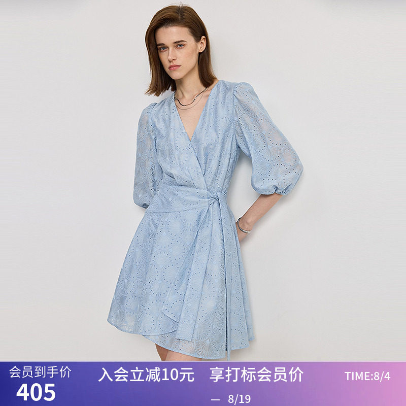 【商场同款】LILY夏新款莱赛尔混纺重工贝壳绣花收腰连衣裙女