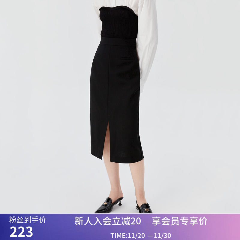 【商场同款】LILY秋新款女装绵羊毛别致开叉高腰铅笔裙半身裙