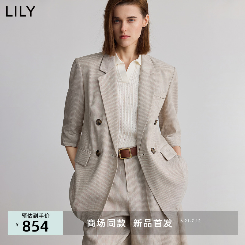 【商场同款】LILY2025夏新款女装老钱风亚麻混纺条纹驳领西装外套
