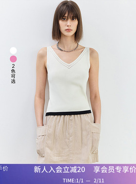 LILY夏新款女装气质拼色时尚V领修身针织吊带背心上衣打底衫