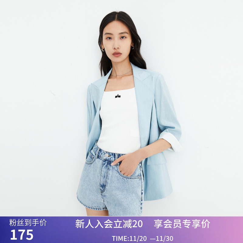 【商场同款】LILY秋新款女装亚麻复古双排扣通勤修身西装外套