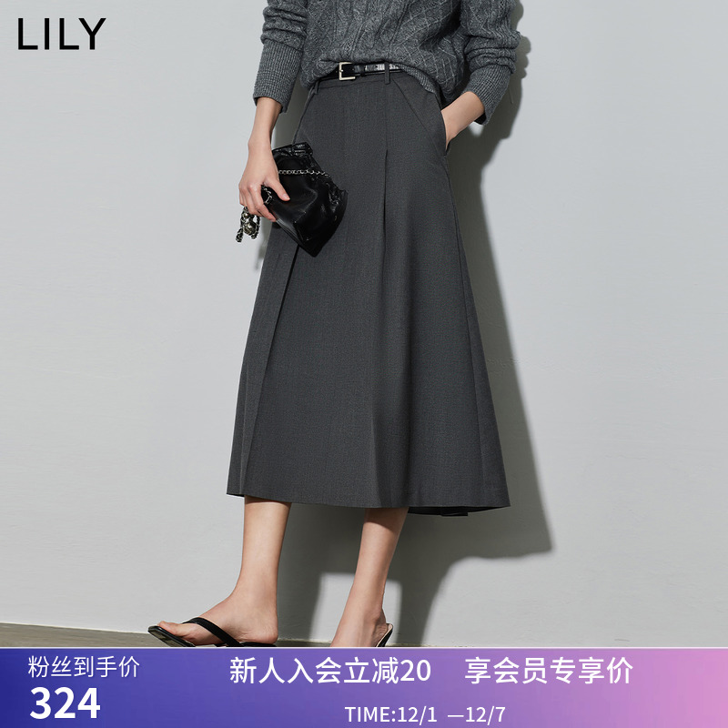 LILY春新款女装通勤学院风气质优雅送腰带显瘦高腰A字半身裙