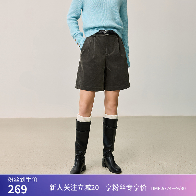 【商场同款】LILY冬新款女装复古条绒阔腿休闲裤短裤女小个子
