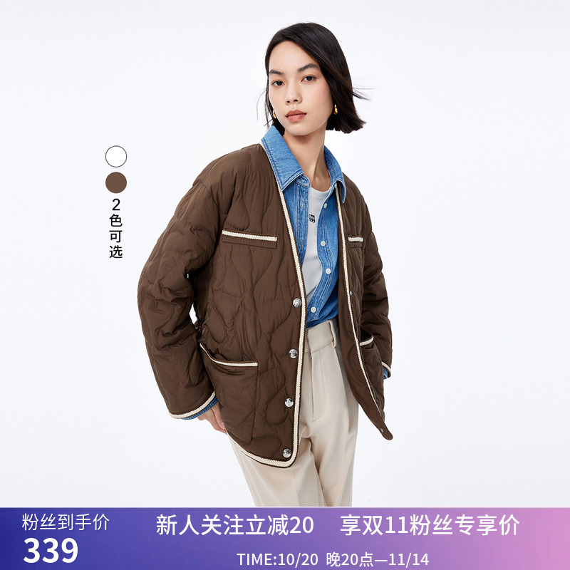 LILY冬新款女装气质通勤优雅V领复古小香风羽绒服外套小个子