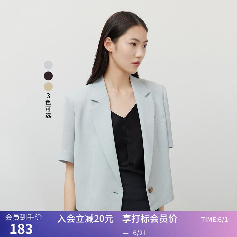 秒杀【商场同款】LILY夏新款女装垂坠醋酸一粒扣复古短款西装外套