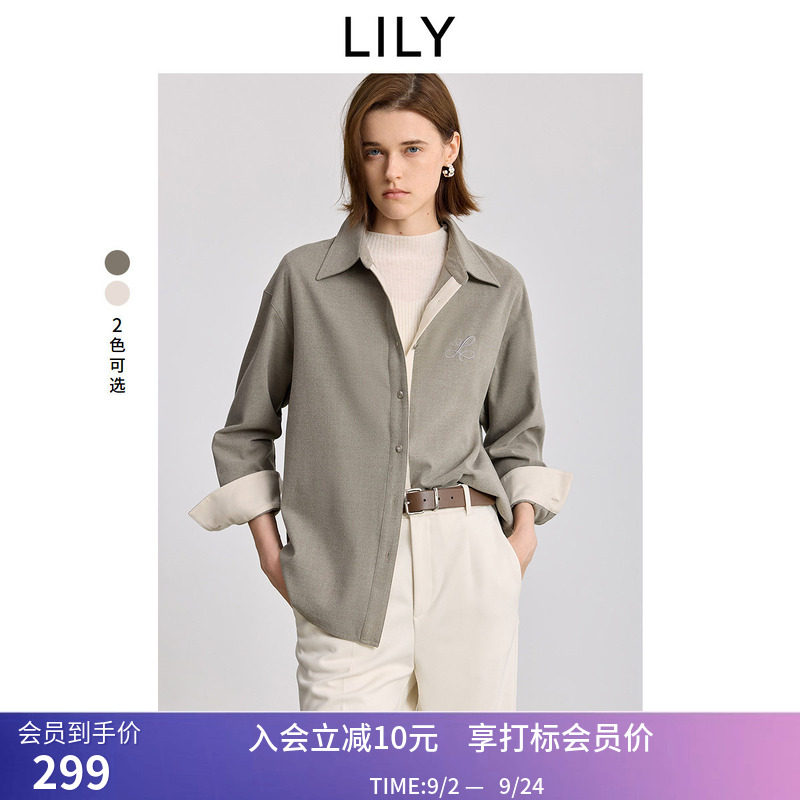 LILY冬新款女装双面磨毛法兰绒翻领宽松休闲通勤纯色衬衫外套图片
