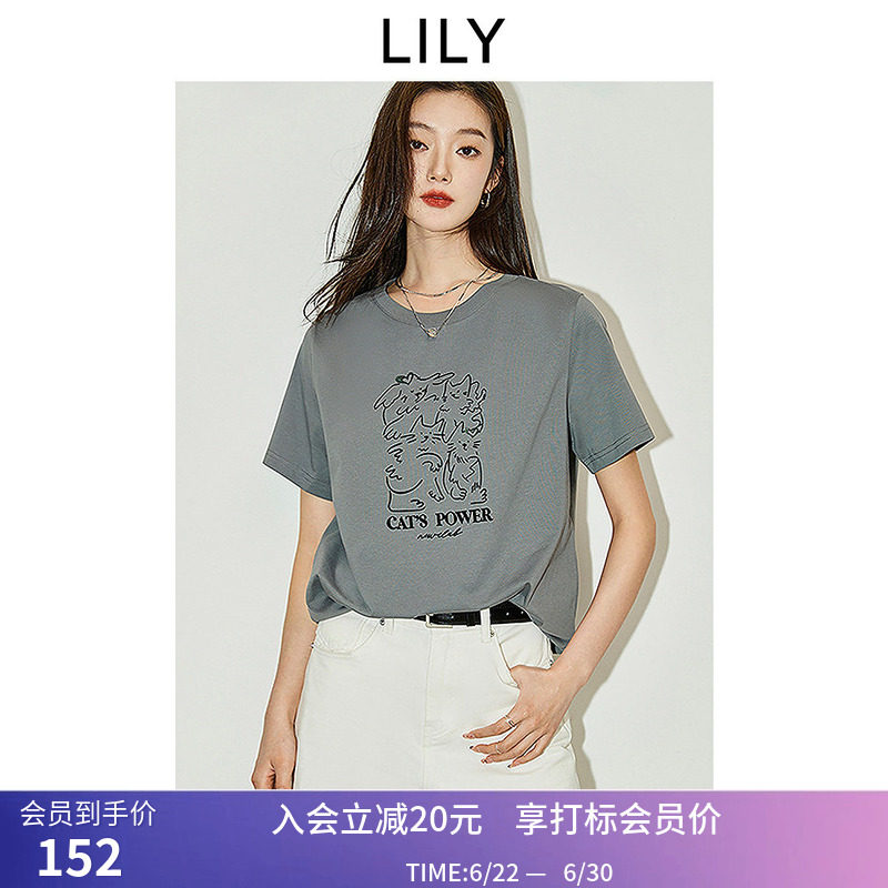LILY2026夏新款女装复古小猫宽松休闲圆领百搭通勤短袖T恤上衣