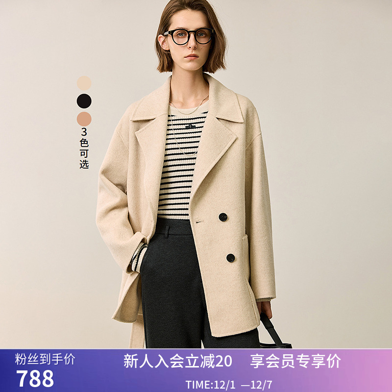 LILY冬新款女装优雅大气绵羊毛双面呢百搭通勤毛呢外套女短款