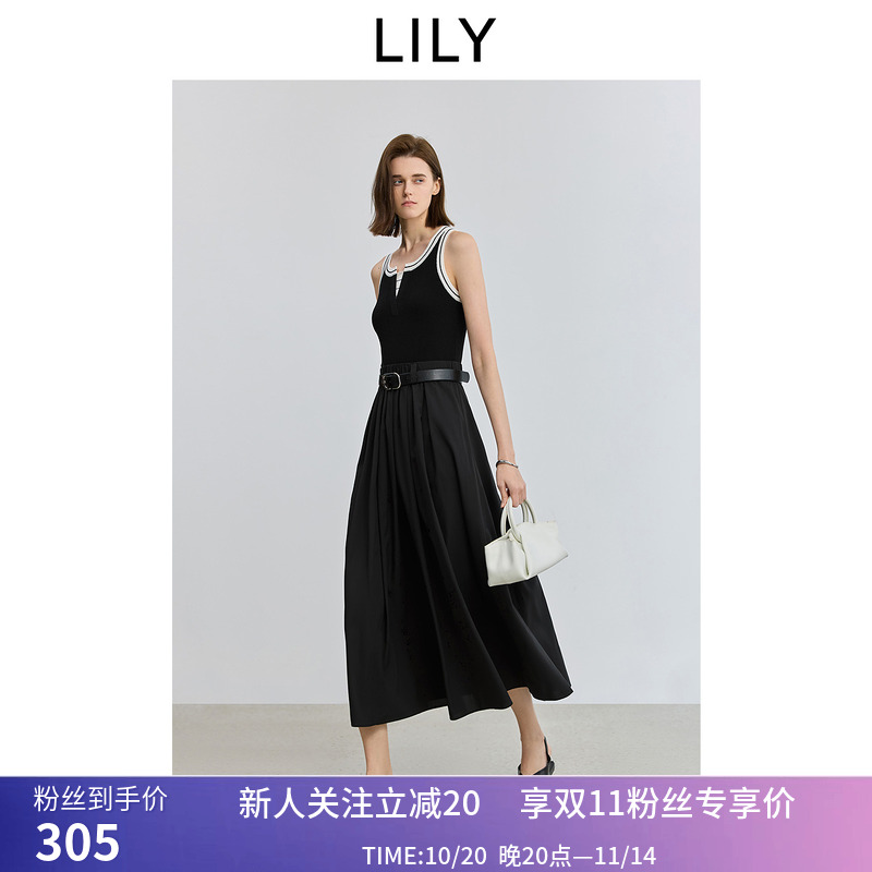 小黑裙LILY2025夏新款经典黑白撞色针梭拼接收腰吊带裙连衣裙女