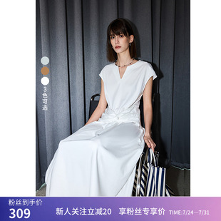 LILY夏季 宽肩显瘦纯色连衣裙 新品 V领收腰修饰身型遮肉小飞袖