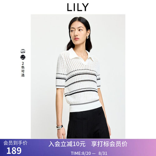 LILY2026夏新款女装简约翻领撞色条纹镂空休闲通勤合身短袖针织衫