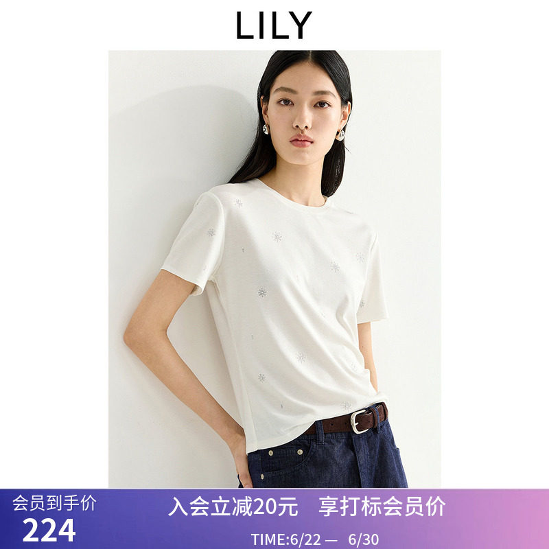 LILY2026夏新款女装莱赛尔羊毛混纺圆领正肩烫钻通勤白色短袖T恤