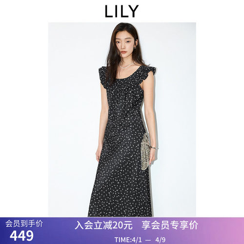 LILY夏新款女装浪漫碎花荷叶边领复古气质修身长款无袖连衣裙