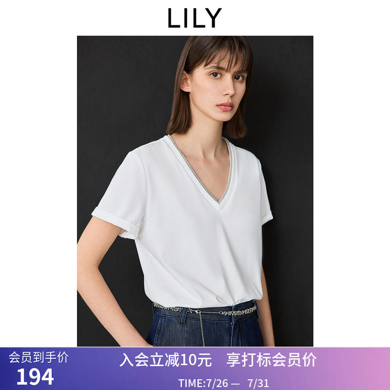 LILY2026夏新款简约假两件V领正肩宽松休闲通勤白色短袖T恤女上衣
