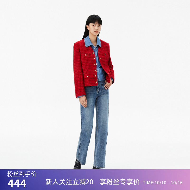 【商场同款】LILY春新款女装含绵羊毛复古小香风红色短外套女