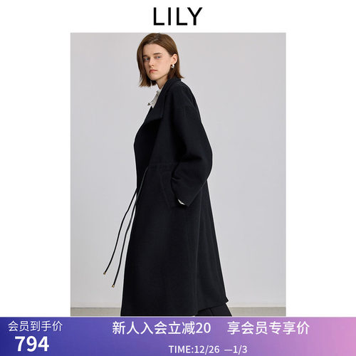 LILY2025冬新款女装羊毛桑蚕丝复古抽绳收腰通勤黑色毛呢大衣外套