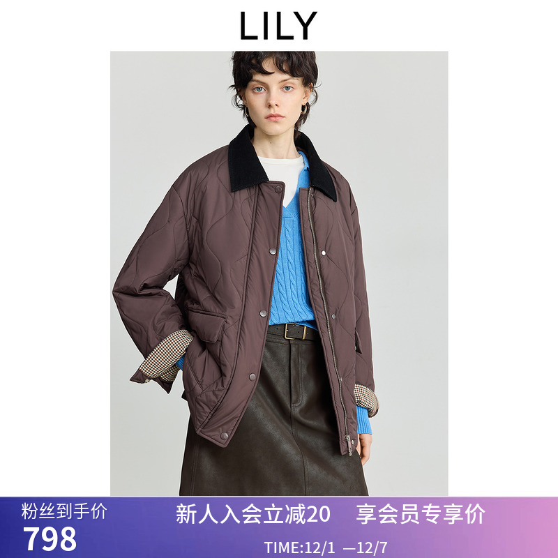 LILY2025冬新款复古巴恩风工装撞色灯芯绒宽松休闲通勤棉服外套女