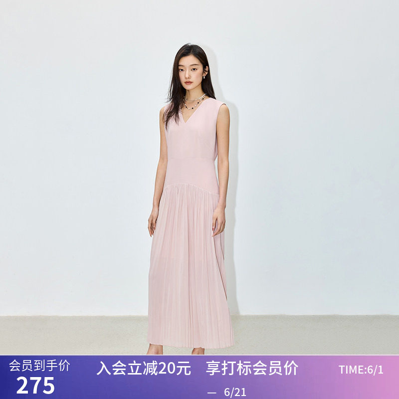 LILY夏新款女装设计感学院风百褶气质V领通勤长款高腰连衣裙