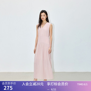 LILY夏新款女装设计感学院风百褶气质V领通勤长款高腰连衣裙