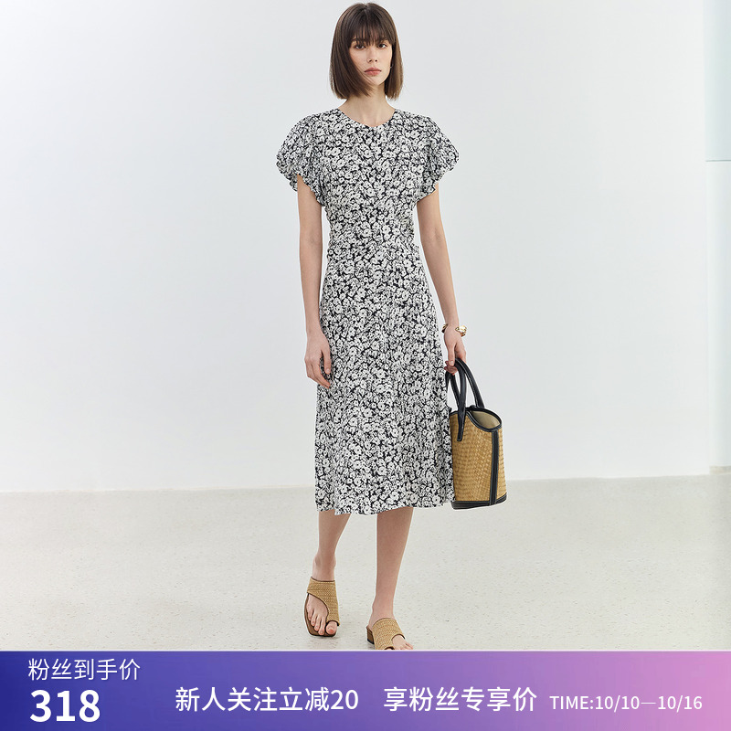 【商场同款】LILY夏新款女装复古浪漫印花气质优雅修身连衣裙