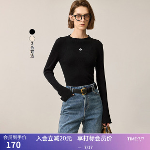LILY冬新款女装极简风刺绣修身显瘦云感衫针织衫内搭女款打底