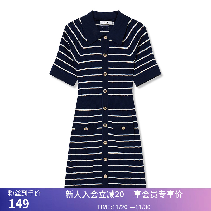 【商场同款】LILY夏新款女装复古条纹别致翻领显瘦针织连衣裙