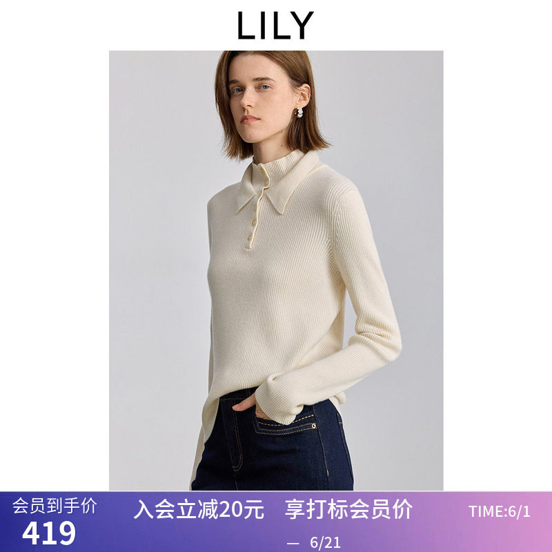 LILY100%美丽诺羊毛冬新款女装假两件半高领针织衫打底衫毛衣