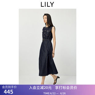 LILY2026夏新款莱赛尔复古圆领收腰木耳边无袖牛仔连衣裙女