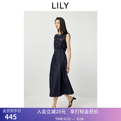 LILY2026夏新款莱赛尔复古圆领收腰木耳边无袖牛仔连衣裙女